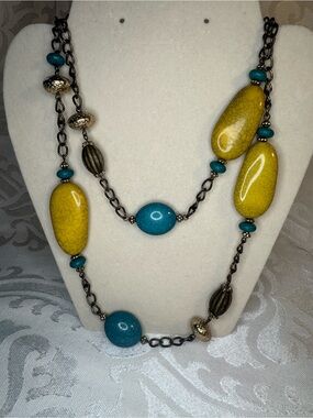 NWOT Premier Designs Long Multi-Strand Yellow and Teal Beaded Necklace
